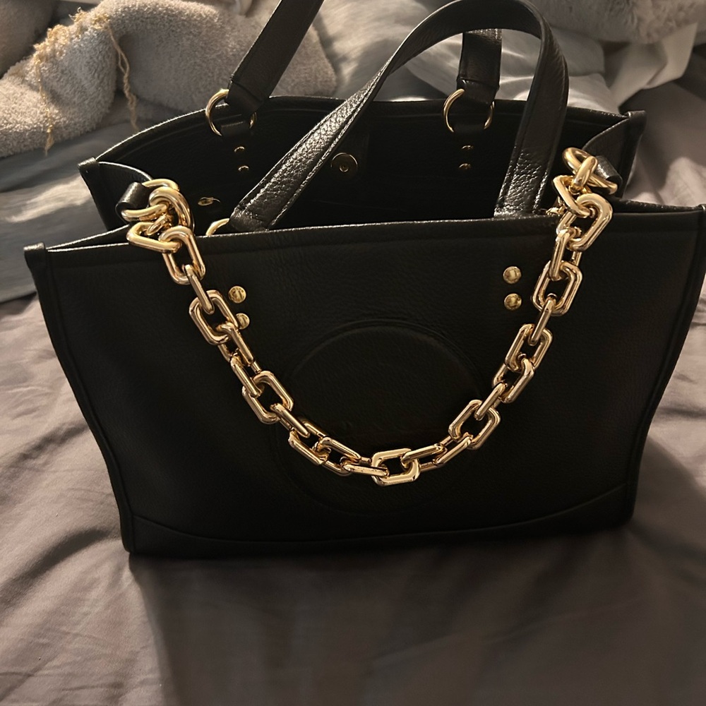 Coach Black Tote with Gold Chain Accent